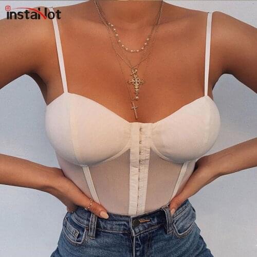 InstaHot Mesh Sexy Bodysuit Spaghetti Straps Transparent Summer Sleeveless Romper Party Club Streetwear Slim Bodysuit Ladies