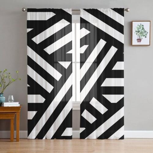 Geometric Stripe Black White Tulle Window Treatment Sheer Curtains for Kitchen Living Room the Bedroom Curtains Decoration