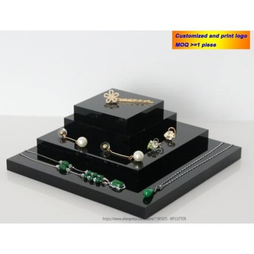 Customized Black Square Acrylic Sheet Block Little Doll Holder Cosmetic OrganizerJewelry Display Stand Pad Stamping Ring Tray