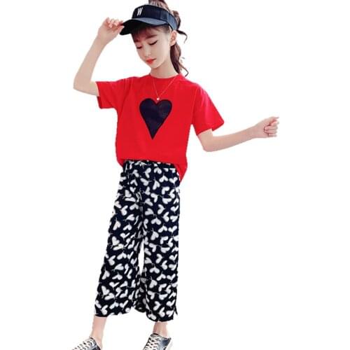 Kids Clothes Heart Tshirt + Pants Clothes For Girls Casual Style Outfits For Girls Summer Childrens Costume 6 8 10 12 14