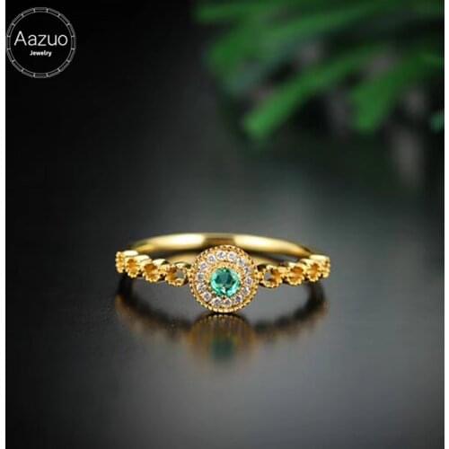 Aazuo Real 18K Yellow Gold Jewelry Real Diamond IJ SI 0.045ct Natural Emerald Green Stones Round Rings gifted for Women Au750