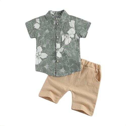 Kids Baby Boys 2-piece Outfit Set Short Sleeve Floral Print Shirt+Shorts Set for Children Boys