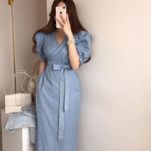 Korean One-Piece Fashion WomenS Dress V-Neck Waist Slimming Lace Up Midi Dresses 2021 Summer Office Ladies Casual Street Dress