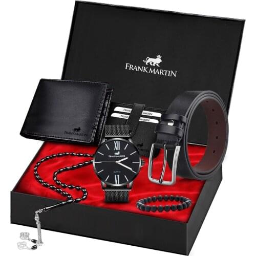 Mens Watch Wallet Belt Gift Set Bracelets Rosary Prayer Beads Quartz Casual Clock Gift for Boyfriend