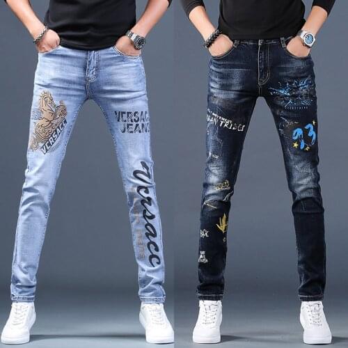 Mens stretch denim print pants jeans Korea slimming trendy casual jeans all-match light luxury men jeans