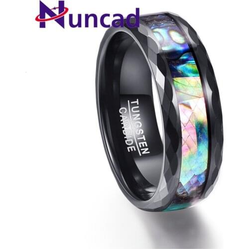 Nuncad 8mm Mens Abalone Shell & Polished Black Faceted Tungsten Carbide Rings Wedding Bands Engagement Ring Size 7-12