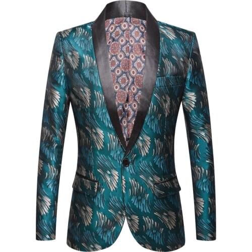 Mens shawl collar suit coat ingle Button Green printing Suits Jacket Wedding Party Business Casual Blazer Coat Slim Fit Men