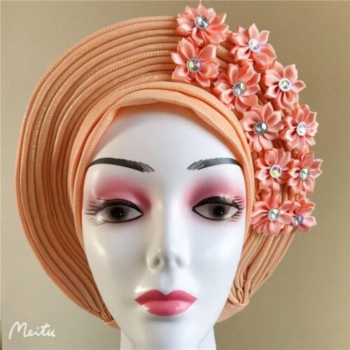 Nigerian gele headties with stones women head wrap beaded lace african headtie sewing fabric for party high quality 1set