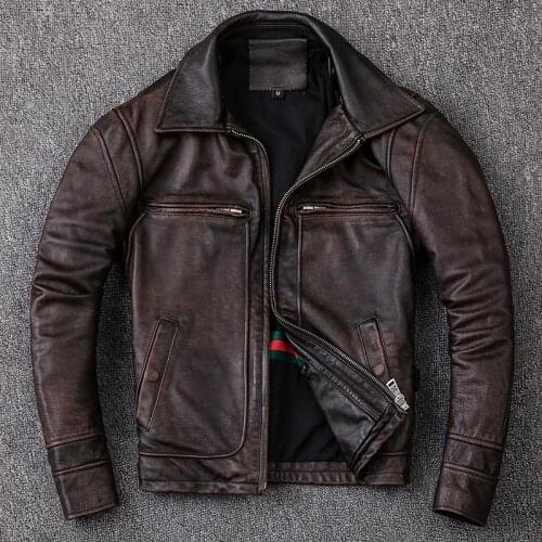 New Men Cowhide Coat Mens Genuine Leather Jacket Vintage Style Man Leather Clothes Motorcycle Biker Jackets