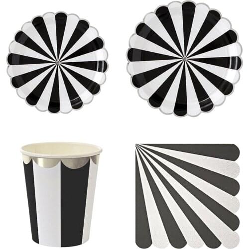 Black Striped Disposable Tableware Paper Plate Cups Baby Shower Party Favor Birthday Wedding Party Decoration Supplies