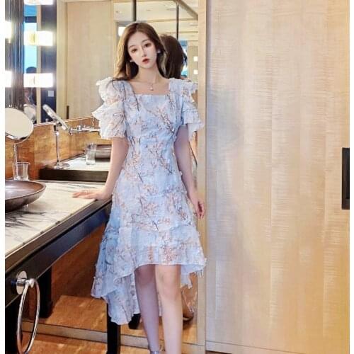 LLZACOOSH Temperament Embroidery Women Square Collar New Summer Petal Sleeve Vintage Midi Holiday Slim Irregular Dresses