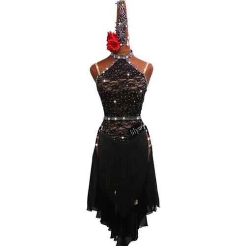 Custom black lace Latin dance competition costumes Latin dance performances women custom Latin dance hollow tassel skirt dress