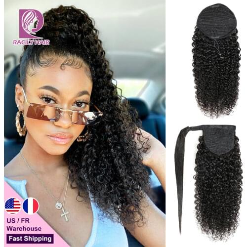 Racily Hair Afro Kinky Curly Ponytail Human Hair Remy Brazilian Wrap Around Drawstring Ombre Ponytail Clip In Hair Extensions