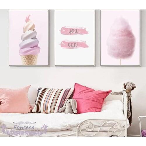 Pink Ice Cream Cotton Candy Wall Art Canvas Painting Positive Quotes You Can Poster Nursery Picture Kids Bedroom Decoration