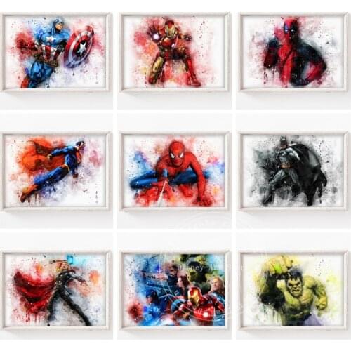 Marvel Avengers Horizontal Canvas Art Paintings Watercolor Superhero Poster and Print Wall Art Picture for Room Home Decoration