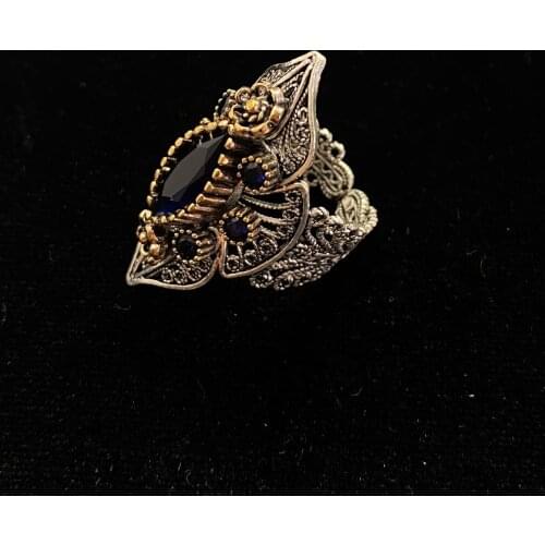 Sapphire Cubic Zirconia Set Ring Filigree Silver Motif Lady Ring