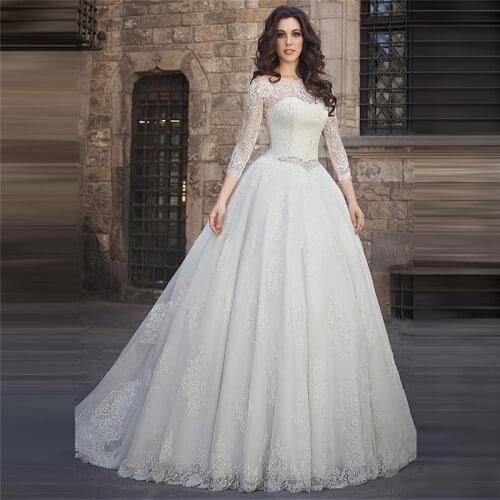 Quarter Sleeves A-Line Wedding Dresses Lace Appliques Beaded Bridal Gowns Spring Garden Long Robe De Mariage 2020 Retro