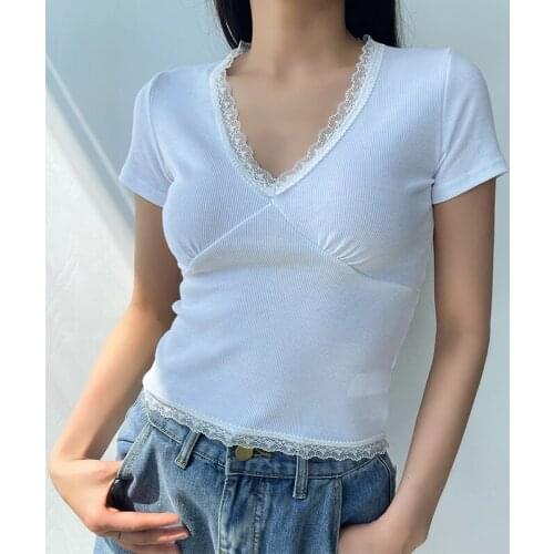 WOMENGAGA Women V Neck Lace Trimmed Crop Top With Bust Seam Detail lace mesh summer tops tees women korean 7TMQ