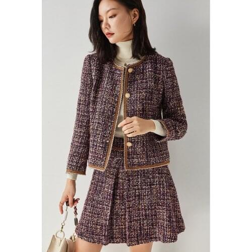 Bright Silk Short Coat Female Round Neck Small Fragrant Wind Coat Skirt Two-piece Autumn Winter Style Elegant Purple Short Skirt