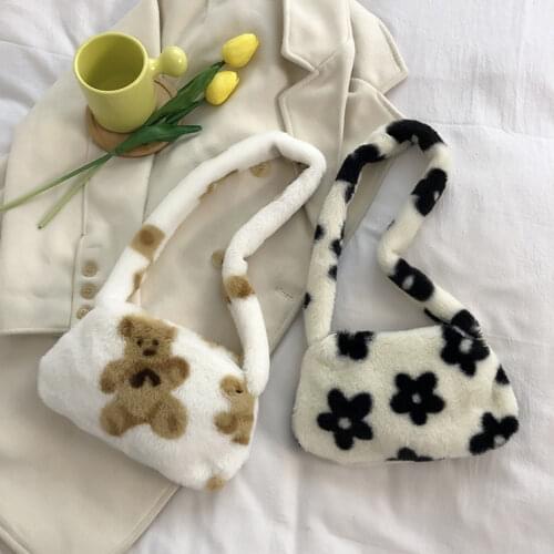 Womens Bag Fashion Flower Print Plush Shoulder Underarm Bags for Women Ladies Autumn Winter Small Purse Tote Shopper Handbags