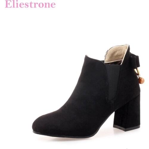 Brand New Winter Sweet Black Red Women Ankle Combat Boots Sexy Plain Lady Shoes Square Heels AC087 Plus Big Size 32 43 46