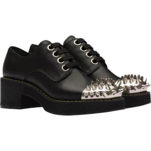 Womens Round Toe Rivet Punk Gothic Punk Pumps Shoes Platform Block High Heel Creepers Lace Up Leather Black New 2021