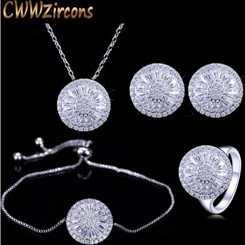 CWWZircons 4 Piece Fashion Ladies Accessories Silver Color Round Cubic Zirconia Women Jewelry Sets Best Friends Gift T034