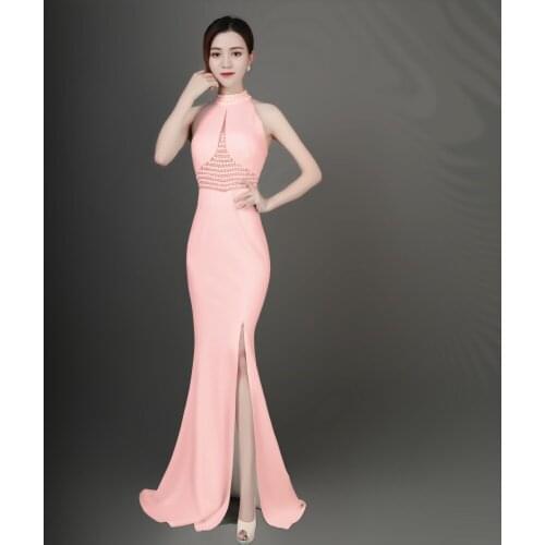 Corzzet Sexy Halter Neck Crystal Beaded Backless Waist Hollow Out Spilt Mermaid Dresses Elegant Wedding Evening Party Long Dress