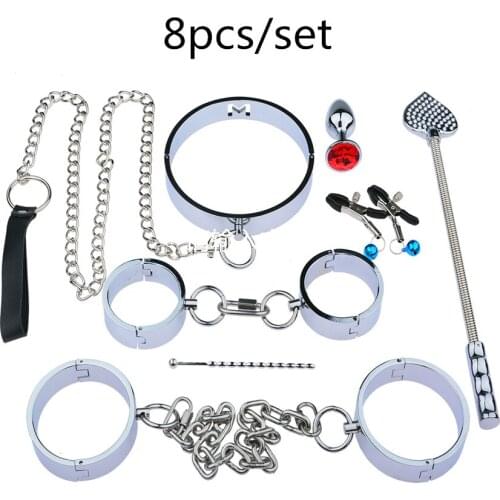 8pcs/set Metal Lockable Steel Collar Hand Ankle Cuffs Nipple Clip Anal Plug Slave Whip BDSM Bondage Erotic Sex Toy For Couples