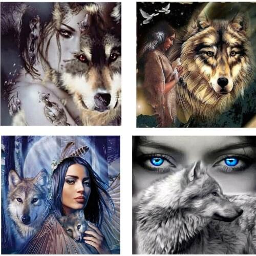 Brand New 5D Animal Wolf GIRL Picture Diamond Painting Cross Stitch Art Full Drill Embroidery Living Room Decoration