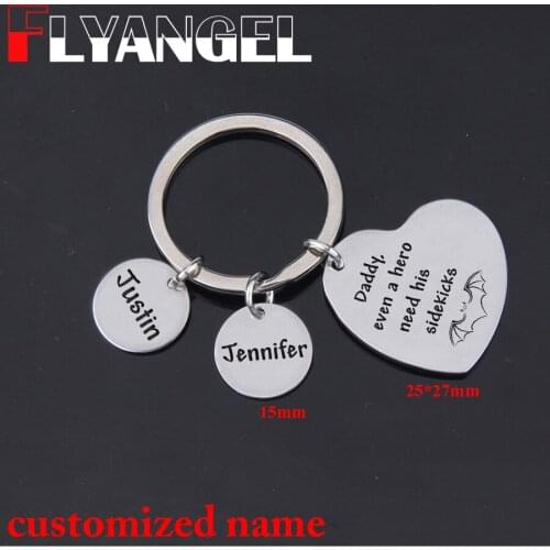 FLYANGEL Keychain Daddy Gifts Jewelry Name Customized Fashion Keyring Engraved Daddy Even A Hero Need His Sidekicks Family Gift
