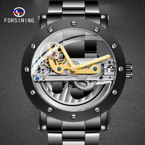 FORSINING Newest Watch Automatic Male Clock Luxury Black Mens Clocks Steel Belt Business Casual Men Wrist-watches
