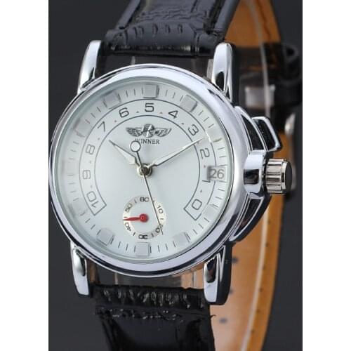 WINNER Unique Cambered Arabic Numeral Dial Wristwatches Casual Movement Classic Leather Mechanical Automatic Unisex Watch