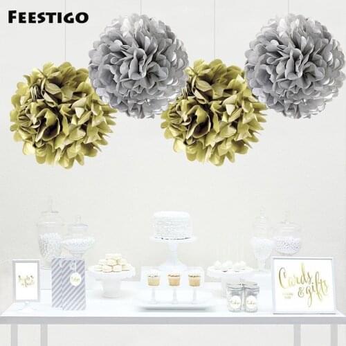 Feestigo 9pcs 20cm/25cm/30cm Paper Pom Pom Hanging Decorations Gold Silver Tissue Paper Flowers Wedding Event Party Decoration