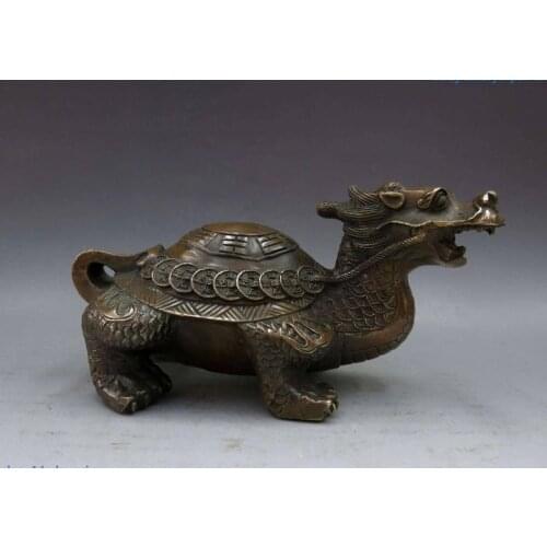 China brass copper carved Feng Shui Eight Diagrams lucky Dragon turtle Statue