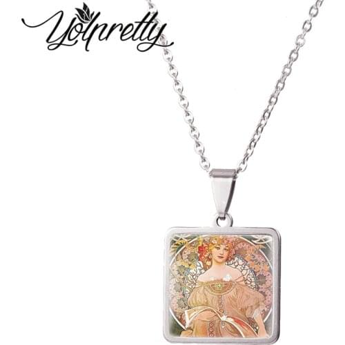 Mucha Painting Square Stainless Steel Necklace Glass Cabochon Pendants Necklace Jewelry