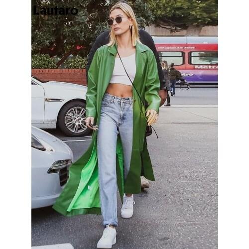 Lautaro Autumn Extra Long Green Leather Trench Coat for Women Long Sleeve Sashes Single Breasted Maxi Overcoat 2021 Streetwear