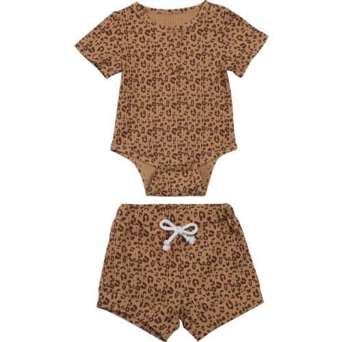 2021 0-18M Infant Baby Summer Outfits Leopard Striped Print Short Sleeve Romper Top+Drawstring Shorts Loose 2pcs Girl Clothing