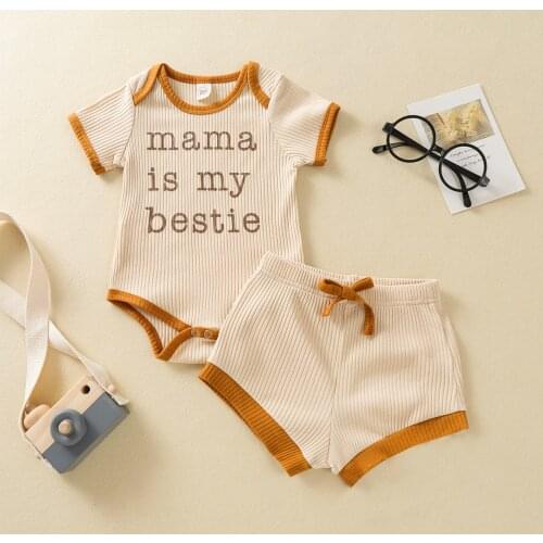 2021 Newborn Kids Summer Ribbed Outfits Girls Boys Clothes Set Toddler Short Sleeve Tops + Shorts Children 6 to 24 Month