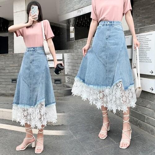 Summer Womens High Waist A- line Long Lace Denim Skirt