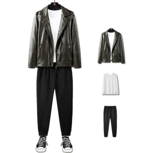 Fashion Mens 3 Piece Suits Punk Style Leather Jacket Faux Leather Warm Outwear Joggers Pants Crewneck Sweatshirt