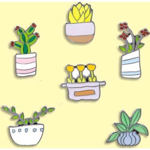 Cartoon Vase Potted Metal Enamel Cute Succulent Flower Badge Brooches Unique Trendy Costume Plant Jewelry Gift