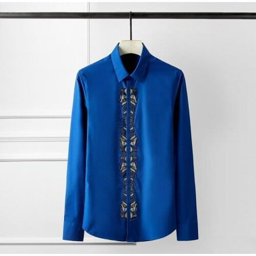 Fish Bone Rhinestone Mens Shirts High Quality Long Sleeve Casual Shirt Slim Social Party Dress Shirts Streetwear Stage Tuxedo