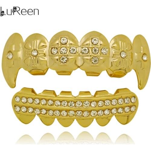 LuReen Hip Hop Men Teeth Grillz Top Bottom Cross Crystal Gold Silver Color Grills Vampire Fang Dental Tooth Cap Mouth Jewelry