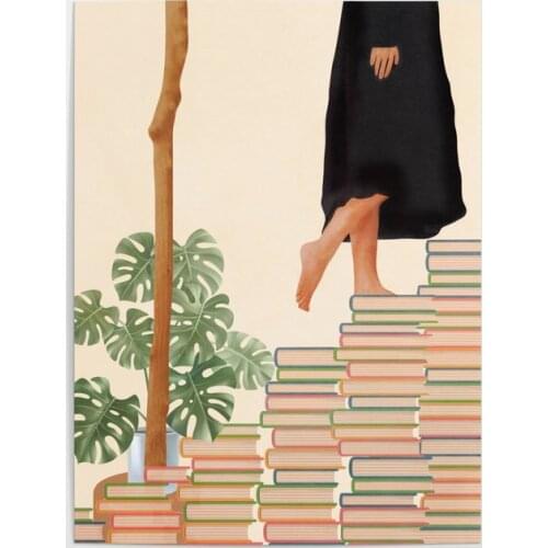 Wall Art Girl and Books Canvas Painting HD Printed Plant Potted Smiple Poster Home Decoration for Living Room Modular Pictures