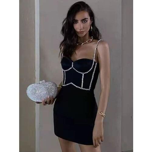 New Arrival Crystal Beaded Bandage Spaghetti Strap Dress Women Sexy Sleeveless Bodycon Club Party Mini Vestidos 2021 Summer