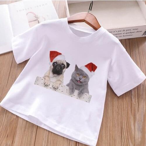 New Online Kids Shirts Funny Dog Cat Cat Listening Music Kawaii Girl Boys Tshirts Round Neck Design Simple White Toddler Shirt