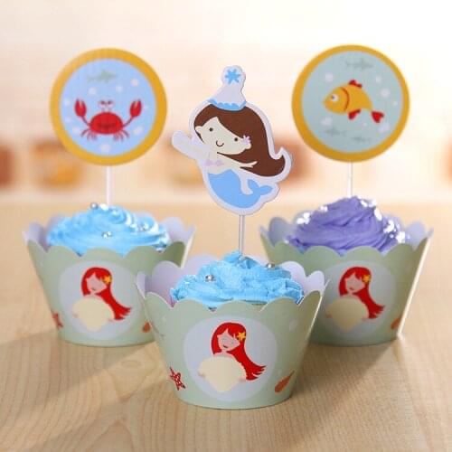 Cartoon Cupcake Wrappers and Toppers Baby Shower Girl Happy Birthday Party Decorations Kids Favors Little Mermaid Party Supplies
