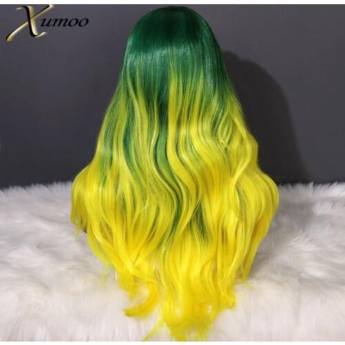 XUMOO Ombre Green Yellow Synthetic Lace Front Wig Long Wavy Heat Resistant Drag Queen Cosplay Party Wigs For Black Women