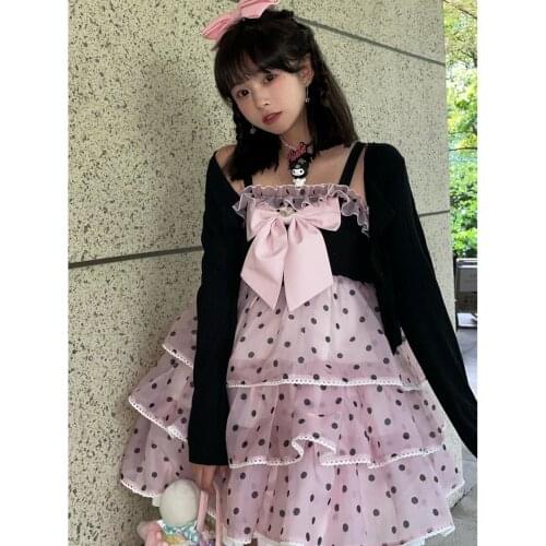 Kawaii Lolita Dress Polka Dot Wine Heart Fudge Sweet Soft Girl Black Pink Jsk Sweet Style Princess Tea Party Sleeveless Dress